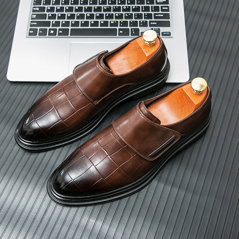Men'S Shoes With Velcro - Men Business Dress Leather Shoes Black